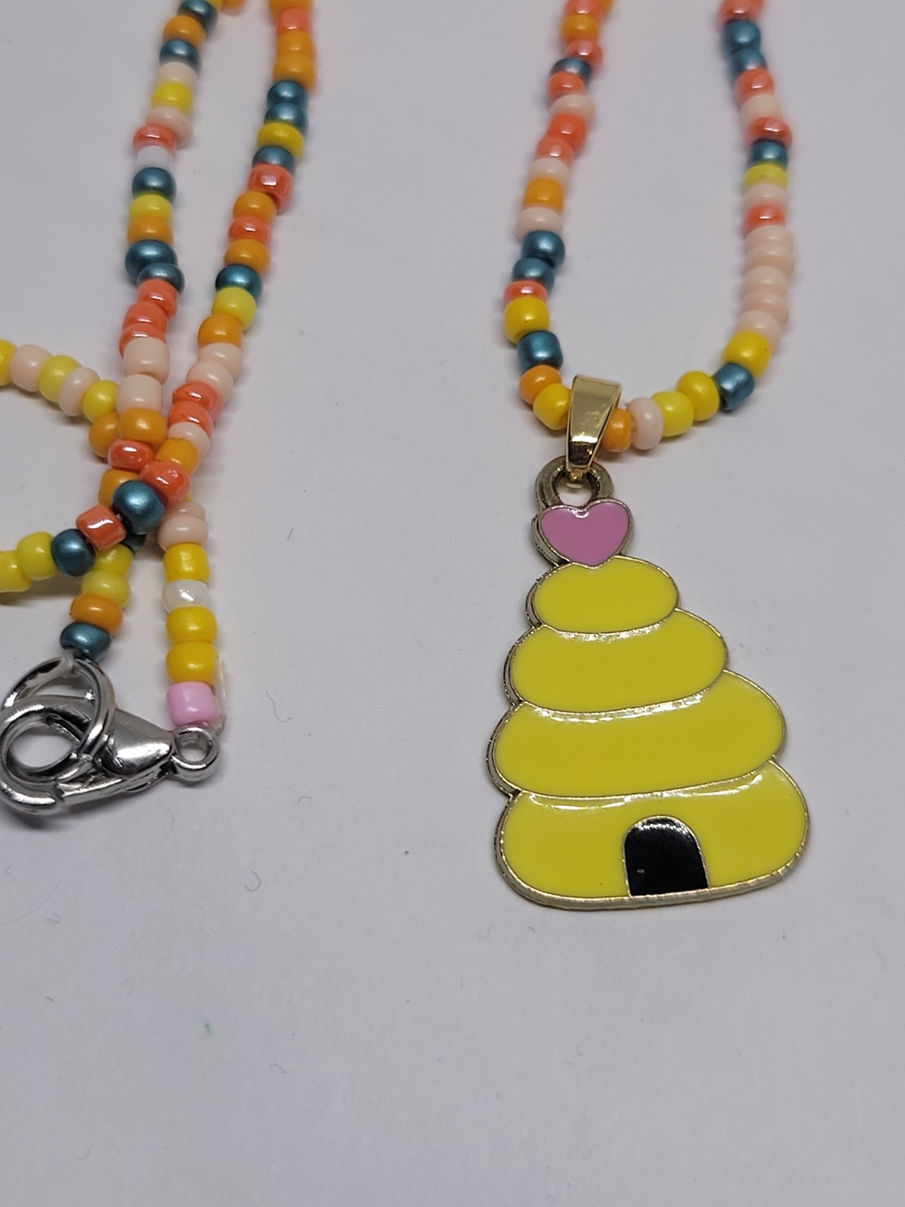 Beaded Yellow Hive Pendant Necklace with Pink Heart
